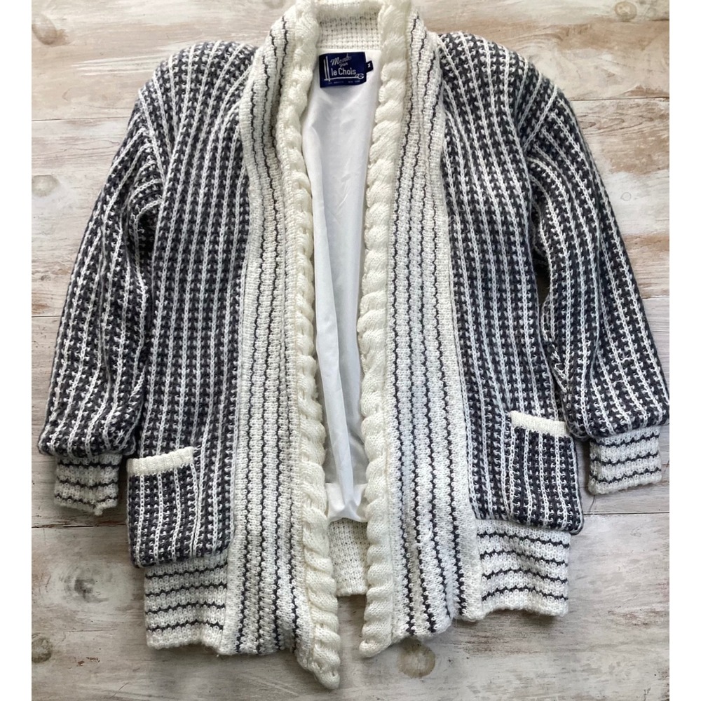 Monte par le Chois Vintage Black White Striped Chunky Knit Lined Cardigan Medium